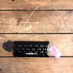 Betsey Johnson Black Bow Gold Chain Clutch Crossbody PVC NWT